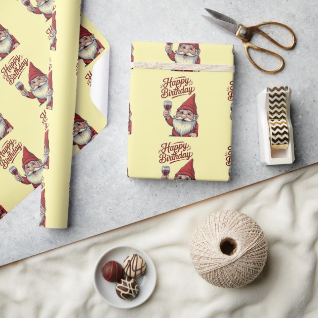 "Happy Birthday" Wine-Toasting Gnome Wrapping Paper (Crafts)