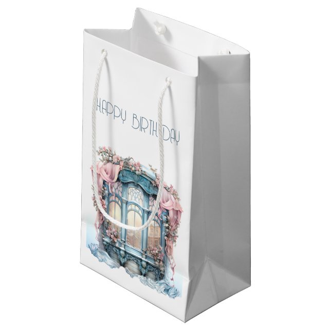  Happy Birthday Winter Blue Pink Victorian Window Small Gift Bag (Front Angled)