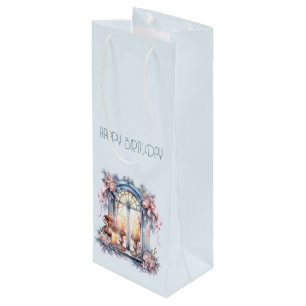  Happy Birthday Winter Blue Pink Victorian Window Wine Gift Bag