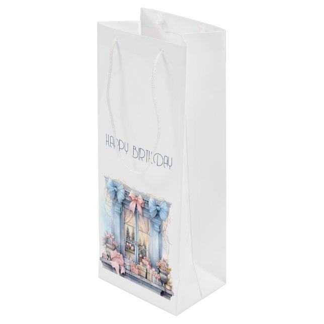  Happy Birthday Winter Blue Pink Victorian Window Wine Gift Bag (Back Angled)