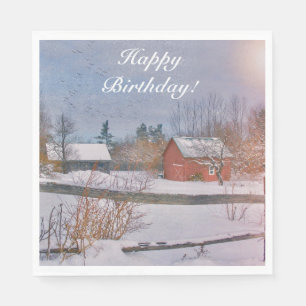 Happy Birthday Winter Farm Scene Napkin
