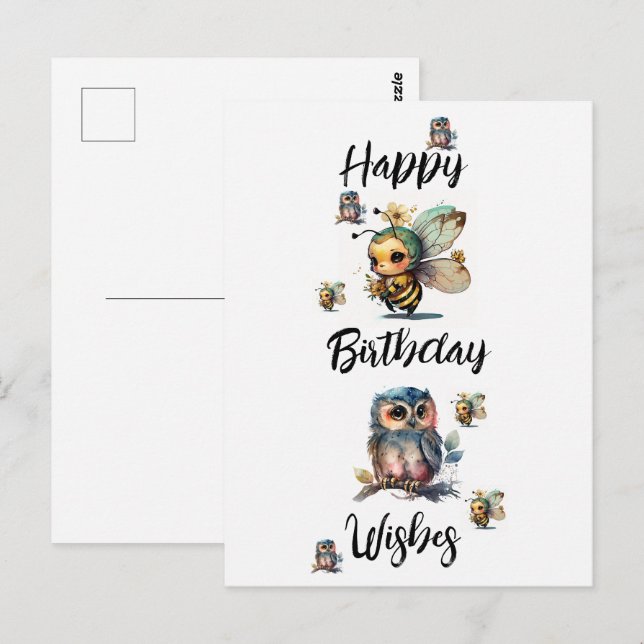 HAPPY BIRTHDAY WISHES Owls and Bees |  Postcard (Front/Back)