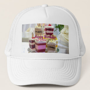 Happy Birthday Wishes Slice Cakes Printed White Trucker Hat