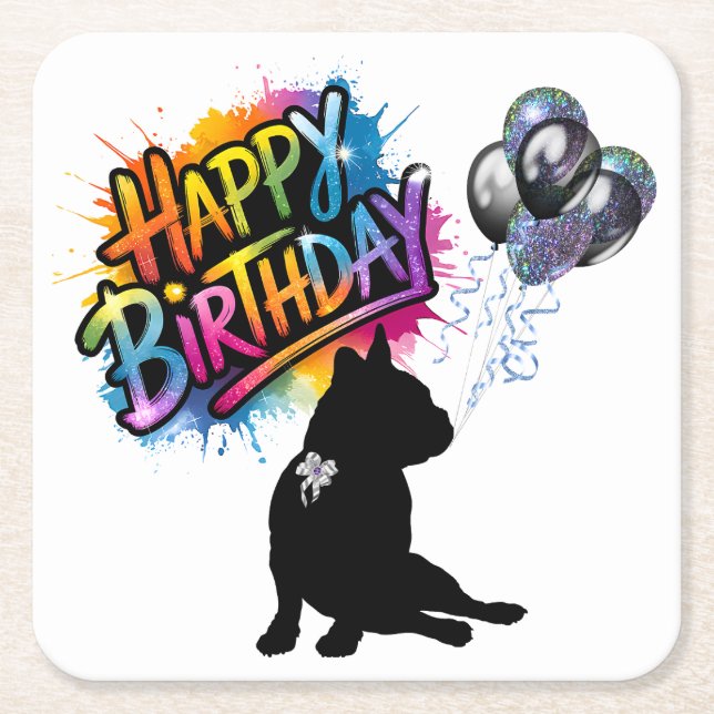 Happy Birthday with a Frenchie and balloons Square Paper Coaster (Front)