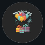 Happy birthday with balloons, music notes and classic round sticker<br><div class="desc">Happy birthday with balloons,  music notes and gifts great for kids. congratulation on your birthday, Wish Friends and Family Happy birthday,  check the other birthday collection at my store.</div>