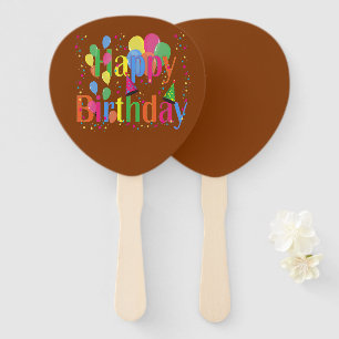 Happy birthday with balloons on brown hand fan