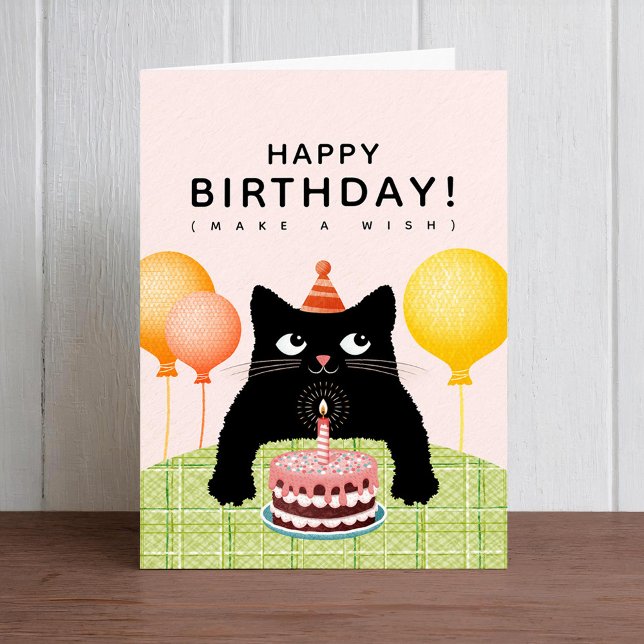 Happy Birthday with black cat, cake and candle Card (Creator Uploaded)