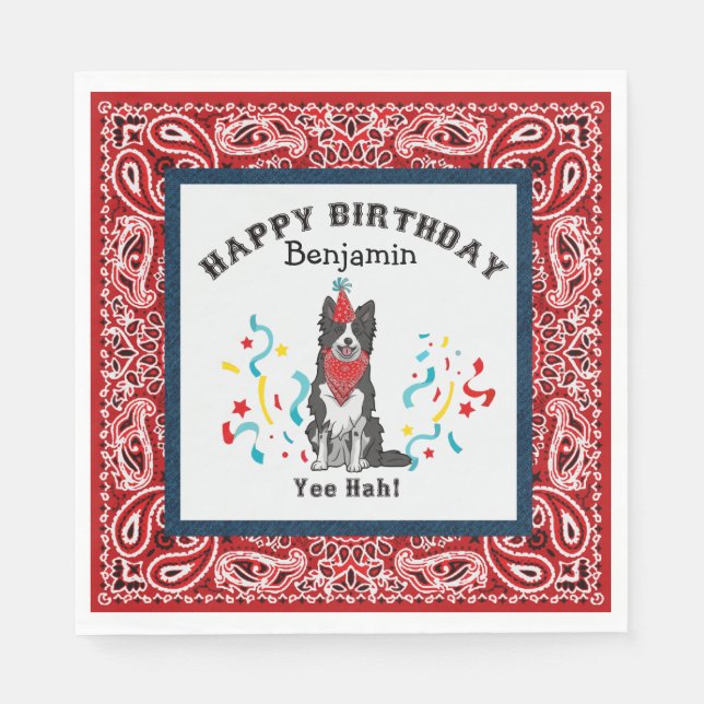 Happy Birthday with Border Collie in Red Bandanna Napkin (Front)
