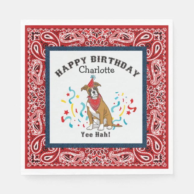 Happy Birthday with Boxer Dog in Red Bandanna Napkin (Front)