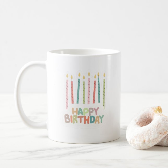 Happy Birthday with Candles on  Coffee Mug (With Donut)