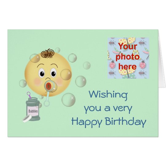 Happy Birthday with child bloeing bubbles Card