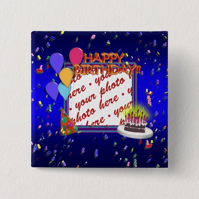 Happy Birthday With Confetti  Photo Frame 15 Cm Square Badge (Front)
