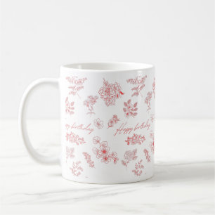 Happy birthday with floral background- red coffee mug