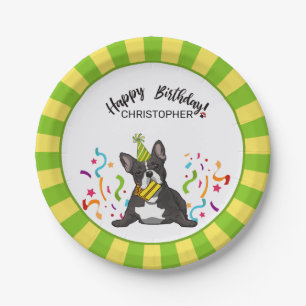 Happy Birthday with French Bull Dog Party Paper Plate