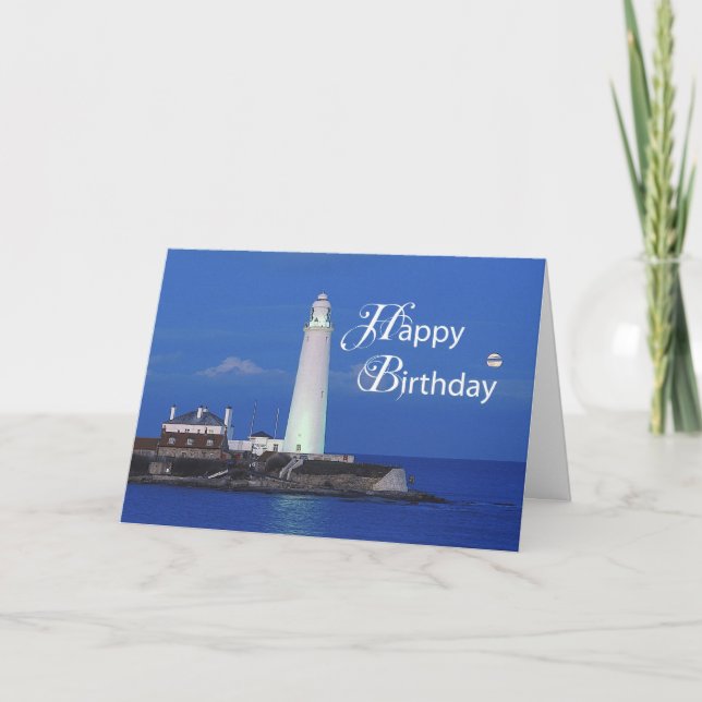 Happy Birthday with Lighthouse, on blue Card (Front)