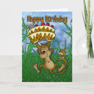 Happy Birthday with monkey holding cake Card