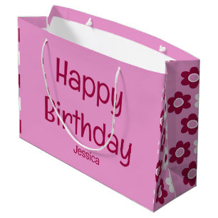 Happy Birthday with Name Pink Flowers Floral Large Gift Bag