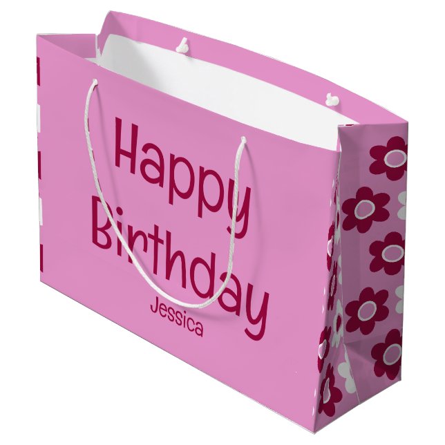 Happy Birthday with Name Pink Flowers Floral Large Gift Bag (Back Angled)