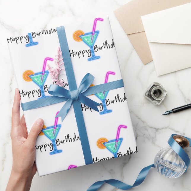 Happy Birthday With Neon Cocktail Wrapping Paper (Gifting)