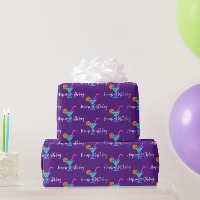 Happy Birthday With Neon Cocktail Wrapping Paper (Party Gifts)