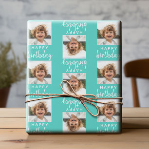 Happy Birthday with One Square Photo - aqua Wrapping Paper