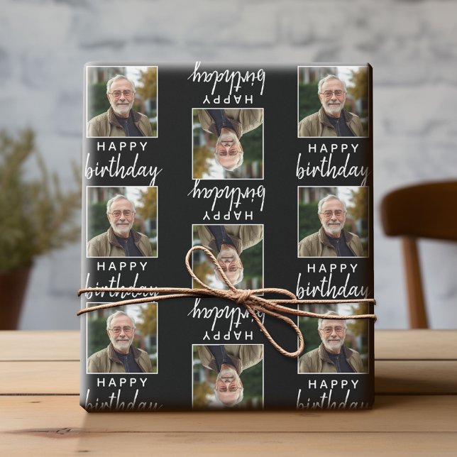 Happy Birthday with One Square Photo - black Wrapping Paper (Custom Photo Wrapping Paper)