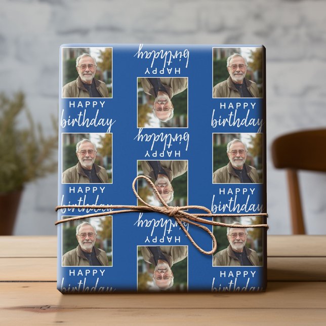 Happy Birthday with One Square Photo - blue Wrapping Paper (Custom Photo Wrapping Paper)