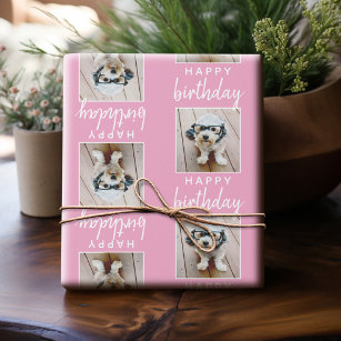Happy Birthday with One Square Photo - pink Wrapping Paper