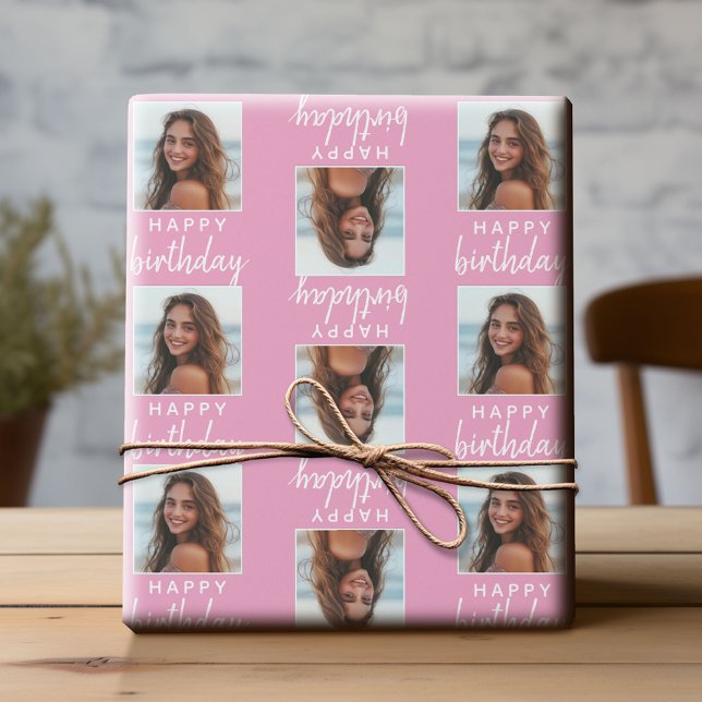 Happy Birthday with One Square Photo - pink Wrapping Paper (Custom Photo Wrapping Paper)