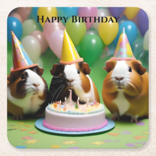 Happy Birthday With Party Guinea Pigs, Square Paper Coaster