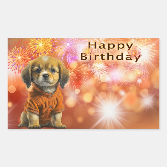Happy Birthday with Puppy and Fireworks Rectangular Sticker (Front)