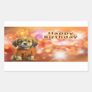 Happy Birthday with Puppy and Fireworks Rectangular Sticker