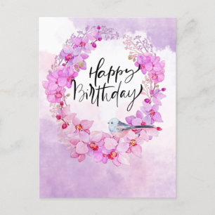 Happy Birthday with purple orchid watercolor Postc Postcard
