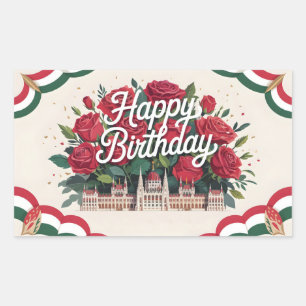 Happy Birthday with Roses and Hungarian Parliament Rectangular Sticker