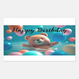 Happy Birthday with Teddy Bear and Balloons Rectangular Sticker