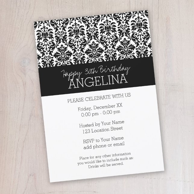 Happy Birthday with Trendy Black and White Damask Invitation (Black lace birthday party invitation - instant download available)