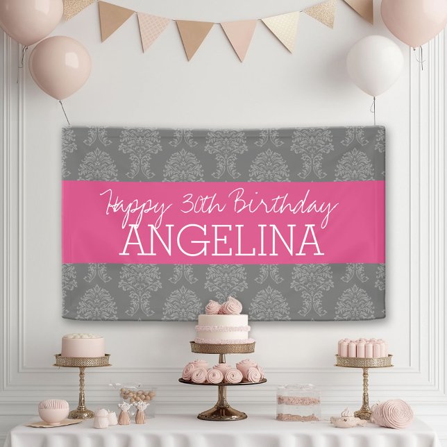 Happy Birthday with Trendy Grey and Pink Damask Banner (Custom Birthday Banner)
