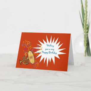 Happy birthday with trumpet and streamers card