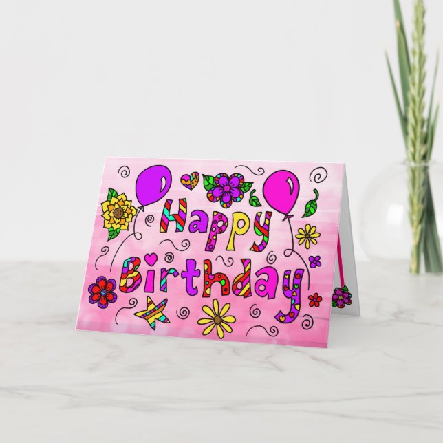 Happy Birthday with Whimsical Flowers and Balloons Card (Front)