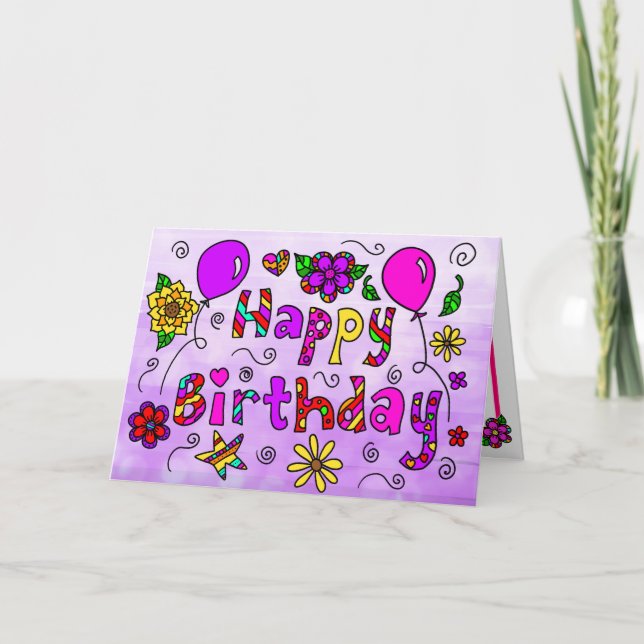 Happy Birthday with Whimsical Flowers and Balloons Card (Front)