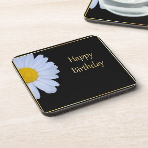 Happy Birthday with White Flower and Black Bkgrd Coaster