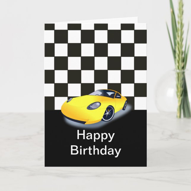 Happy birthday with yellow racing car card (Front)