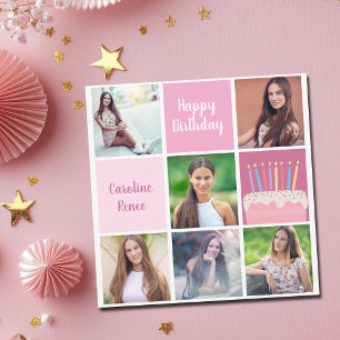 Happy Birthday Womens Photo Collage Custom Pink Card