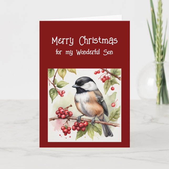 Happy Birthday Wonderful Son Chickadee Bird Holiday Card (Front)