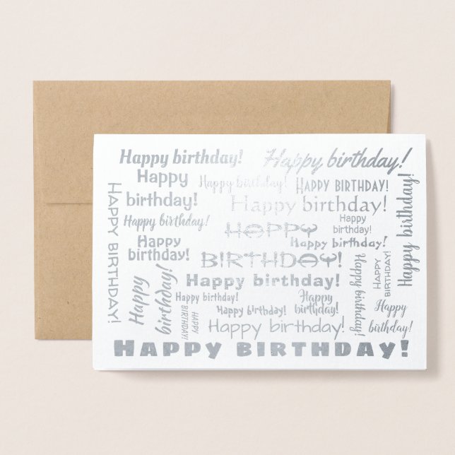Happy Birthday Word Cloud Typography Silver Foil Card (Front With Envelope)