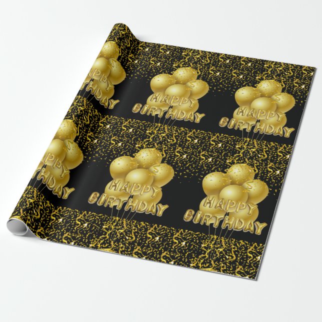 Happy Birthday Wrapping Black Gold Balloons Paper (Unrolled)