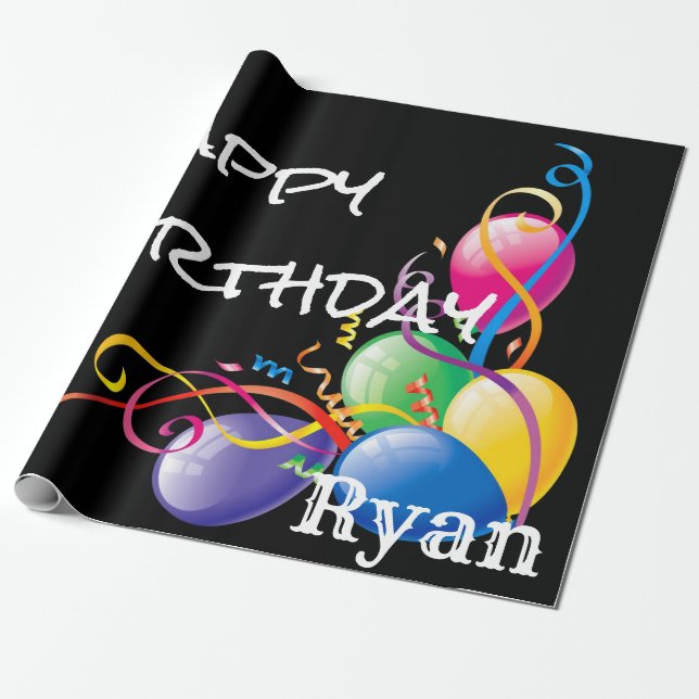 Happy Birthday Wrapping Paper Balloons Black (Unrolled)