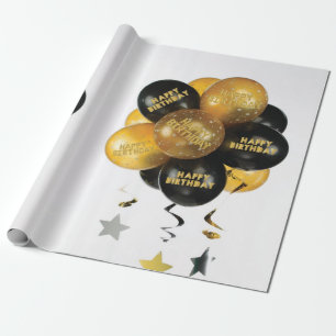 Happy Birthday Wrapping Paper Black Gold Balloons