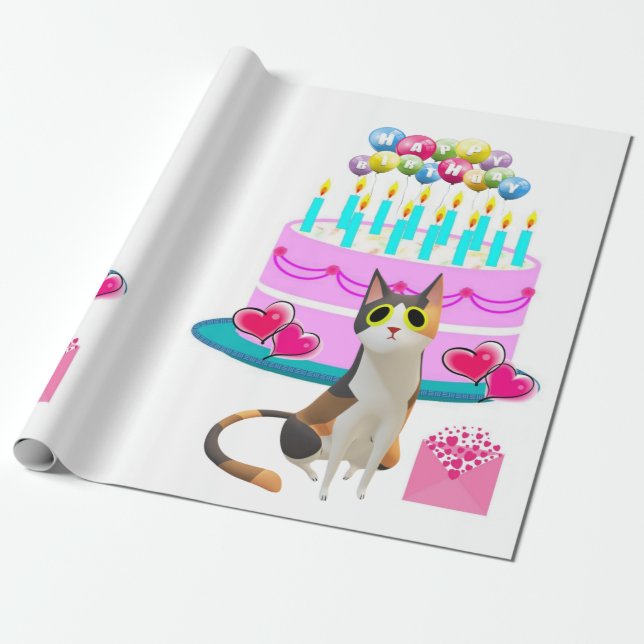 Happy Birthday Wrapping Paper Cat Lady Birthday (Unrolled)