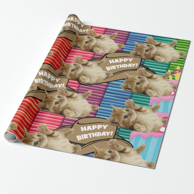 Happy Birthday Wrapping Paper Cat Lady Birthday (Unrolled)
